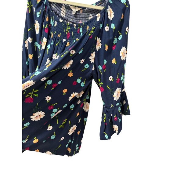 Terra & sky Floral Blue Rayon Peasant Top Smocked Bodice & Bell Sleeves Sz 1X - Picture 11 of 12